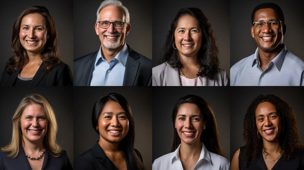 AI generated Collage of portraits of an ethnically diverse and mixed age group of focused business professionals. photo