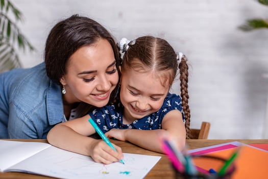 Happy family mother and daughter together draw with markers. photo