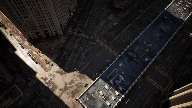 An aerial view of a bustling city street during daylight hours photo