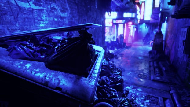 bags of rubbish lie under neon lights photo