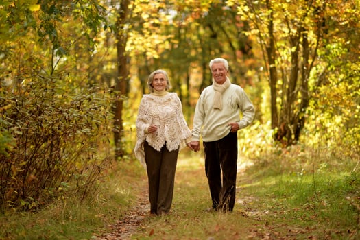 Elderly couple dance in the park in autumn. photo