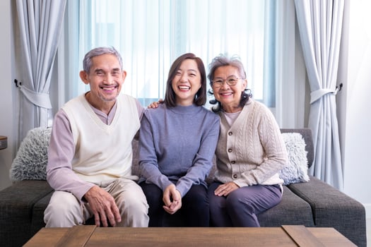 Portrait of Asian family consist of senior father mother and daughter sitting together with happy smile on the cozy couch in retirement home during winter for elder care to spending valuable time photo