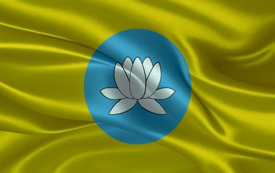 3d waving realistic silk national flag of Kalmykia. Happy national day Kalmykia flag background. close up photo