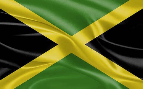 3d waving realistic silk national flag of Jamica. Happy national day Jamica flag background. close up photo
