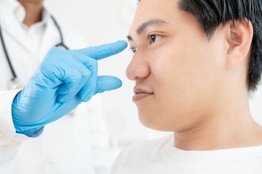 plastic surgery, beauty, Surgeon or beautician touching man face, surgical procedure that involve altering shape of nose, doctor injection to prepare for rhinoplasty, medical assistance, healt photo