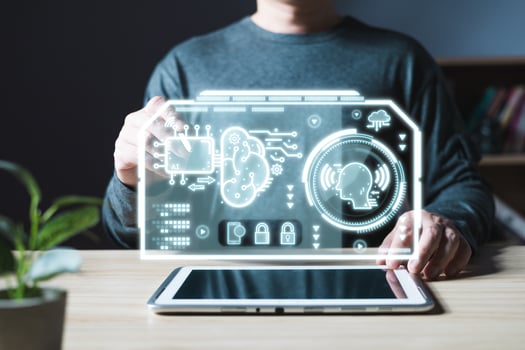 a person uses an Ai chip.new technology big data and business process strategy, customer service management.Digital transformation change management,internet of things.cloud computing.Ai technology. photo