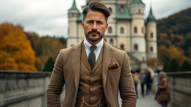 AI generated Well Dressed Man Standing in front of vintage castle photo