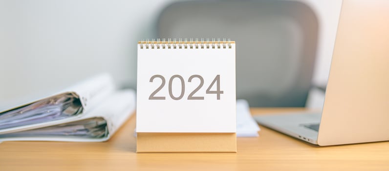 2024 Year Calendar on table background. countdown, Happy New Year, Resolution, Goals, Plan,  Action, Mission and financial Concept photo