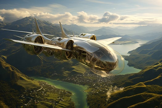 AI generated Sustainable aviation fuel concept. Airplane flying above green mountains and river. Net zero emissions flight. Eco-friendly aviation fuel. Air travel. Sustainability transportation. photo