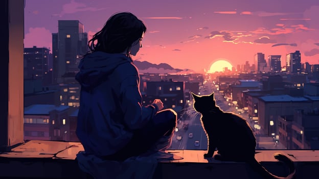 AI generated A girl in a white dress stands on the background of a remote evening city in anime style. Top view photo