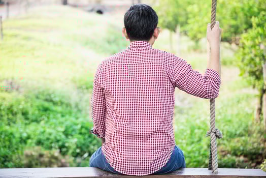 man sit on swing thinking to the one he love in green outdoor park, people with abstract emotional expression concept photo