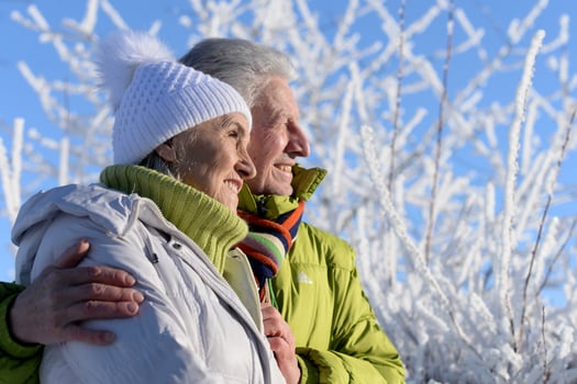 Close up portrait of happy senior couple at snowy winter park photo