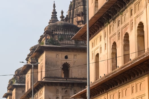 Beautiful view of Orchha Palace Fort, Raja Mahal and chaturbhuj temple from jahangir mahal, Orchha, Madhya Pradesh, Jahangir Mahal Orchha Fort in Orchha, Madhya Pradesh, Indian archaeological sites photo