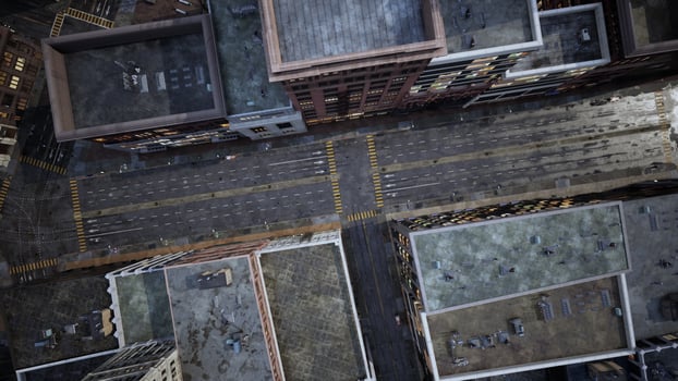 Aerial city view with crossroads and buildings photo