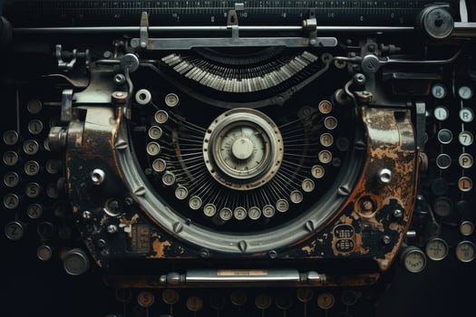 AI generated Vintage typewriter close-up, retro style, toned, Vintage typewriter header with old paper. retro machine technology - top view, AI Generated photo