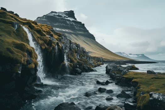 AI generated Icelandic landscape with a waterfall in the foreground. Long exposure, Wanderlust explorer discovering icelandic natural wonders, AI Generated photo