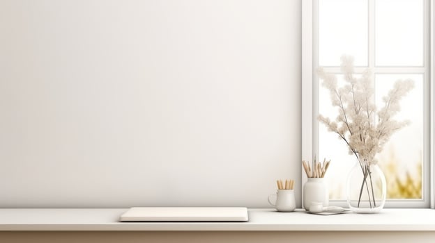 AI generated living room setting with a vase of fresh flowers and lit candles on a wooden tray, exuding a sense of peace and comfort. photo