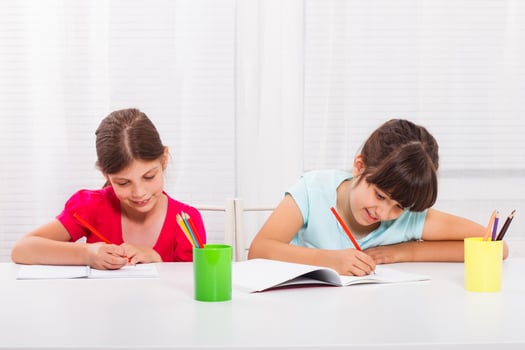 Cute little girls doing homework together. photo