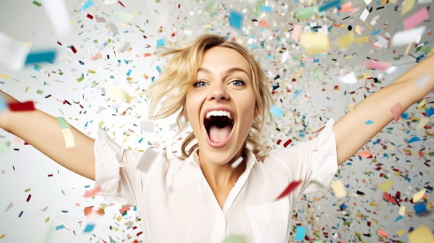 AI generated Model laughing, celebrating birthday, event, football, achievement, new years, in an explosion of confetti photo