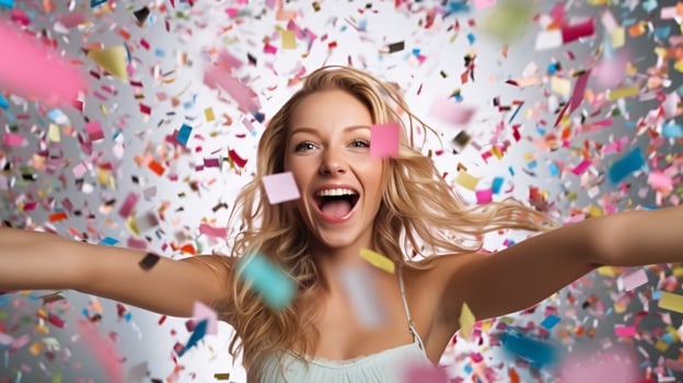 AI generated Model laughing, celebrating birthday, event, football, achievement, new years, in an explosion of confetti photo