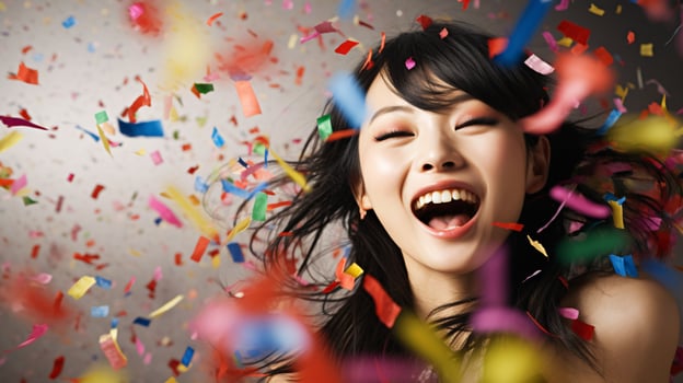 AI generated Model laughing, celebrating birthday, event, football, achievement, new years, in an explosion of confetti photo