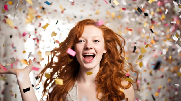 AI generated Model laughing, celebrating birthday, event, football, achievement, new years, in an explosion of confetti photo