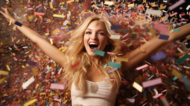 AI generated Model laughing, celebrating birthday, event, football, achievement, new years, in an explosion of confetti photo