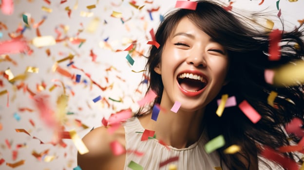 AI generated Model laughing, celebrating birthday, event, football, achievement, new years, in an explosion of confetti photo