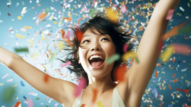 AI generated Model laughing, celebrating birthday, event, football, achievement, new years, in an explosion of confetti photo
