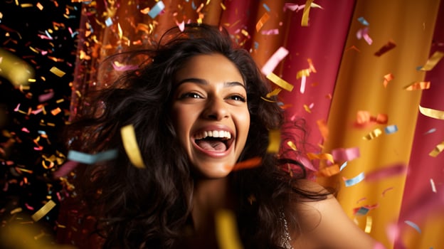 AI generated Model laughing, celebrating birthday, event, football, achievement, new years, in an explosion of confetti photo