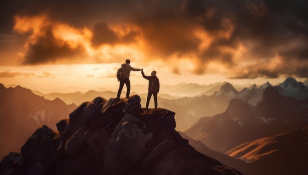 AI generated Two people helping each other on a mountain top. AI Generative photo