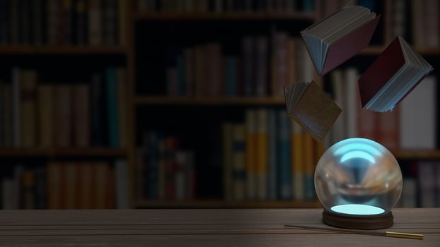 The Magic ball on wood table  in library 3d rendering. photo