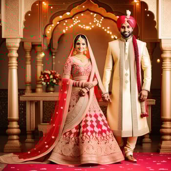 AI generated Indian groom dressed in white Sherwani and red hat with stunning bride in red lehenga stand and hold each hands walking outside photo