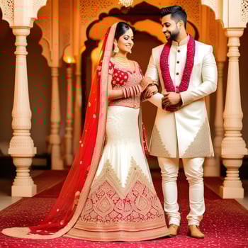 AI generated Indian groom dressed in white Sherwani and red hat with stunning bride in red lehenga stand and hold each hands walking outside photo