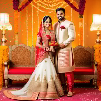 AI generated Indian groom dressed in white Sherwani and red hat with stunning bride in red lehenga stand and hold each hands walking outside photo
