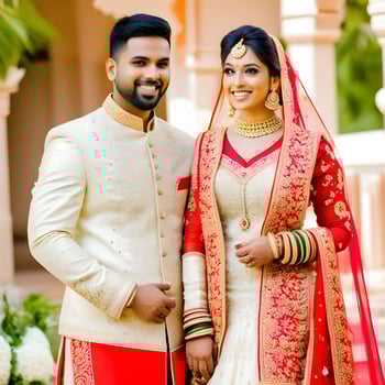 AI generated Indian groom dressed in white Sherwani and red hat with stunning bride in red lehenga stand and hold each hands walking outside photo