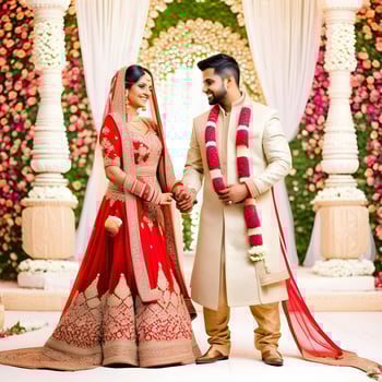 AI generated Indian groom dressed in white Sherwani and red hat with stunning bride in red lehenga stand and hold each hands walking outside photo