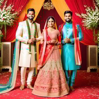 AI generated Indian groom dressed in white Sherwani and red hat with stunning bride in red lehenga stand and hold each hands walking outside photo