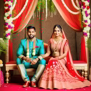 AI generated Indian groom dressed in white Sherwani and red hat with stunning bride in red lehenga stand and hold each hands walking outside photo