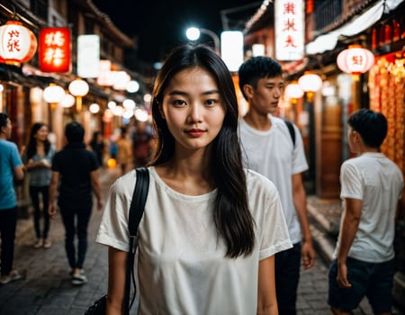 AI generated photo of senior asian woman during heavy rain and flood on road at chinatown street at night, generative AI