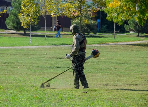 worker mowing grass with a gasoline brush. Trimmer. photo