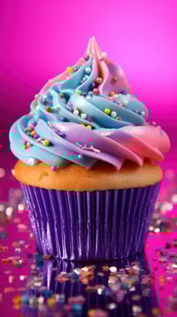 AI generated Delicious Rainbow Glitter Sparkle Pastel Cupcake photo