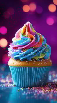 AI generated Delicious Rainbow Glitter Sparkle Pastel Cupcake photo