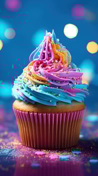 AI generated Delicious Rainbow Glitter Sparkle Pastel Cupcake photo