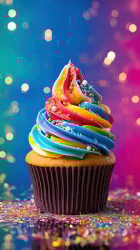 AI generated Delicious Rainbow Glitter Sparkle Creamy Cupcake photo