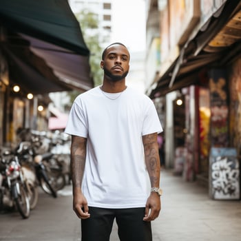 AI generated Market Street T-Shirt Mockup with Casual Male Mode photo
