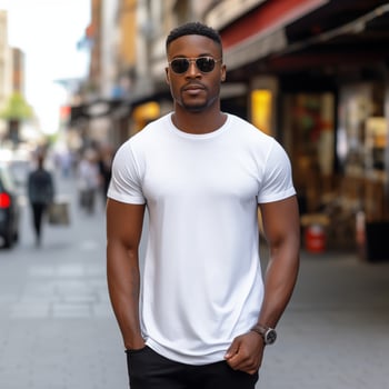 AI generated Sleek Fashion Model T-Shirt Mockup in Cityscape photo