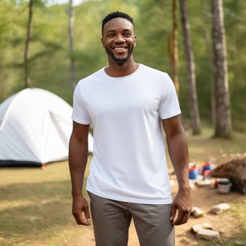AI generated Smiling Model in Camping T-Shirt Design Mockup photo