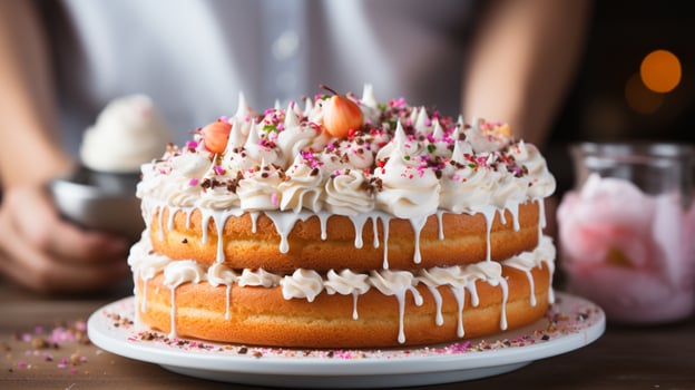 AI generated Young woman hand holding birthday cake with cream photo