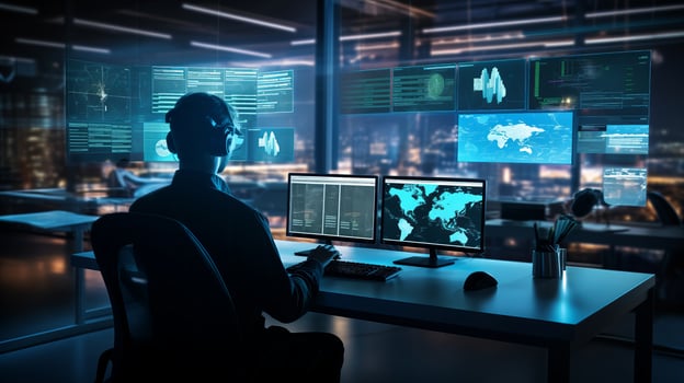 AI generated Data Center Operator in Network Server Room Conducting Surveillance photo